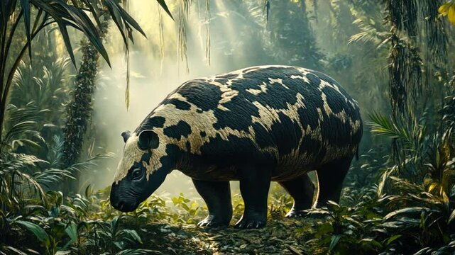 Malayan Tapir grazing in the dense rainforest, with a soft light capturing its unique coat pattern.