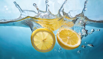 Fresh Lemon Slices Splashing in Clear Water With Vibrant Bubbles