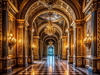 Obraz premium Exquisite Luxury Gold Patterned Archway Interior Design Showcasing Urban Exploration Aesthetic with Opulent Details and Elegant Textures for Modern Architectural Spaces