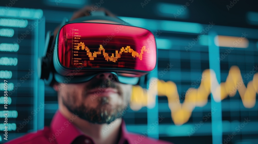 Poster stock trader analyzing cryptocurrency market data using vr headset, visualizing immersive investment