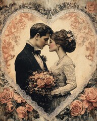 Collection set of vintage lovers with hearts, romantic  style old greeting cards, Valentine's day celebration