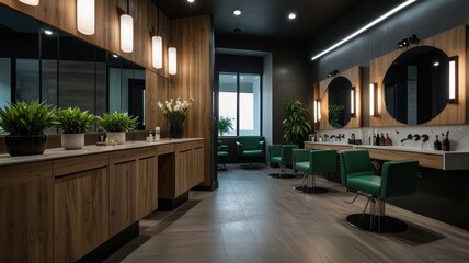 Here's a description and keywords for your image.. Modern, upscale hair salon interior with wooden cabinetry, green chairs, and sleek mirrors.