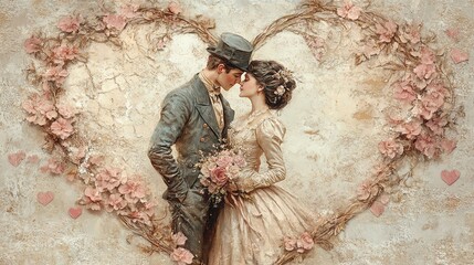 Collection set of vintage lovers with hearts, romantic  style old greeting cards, Valentine's day celebration