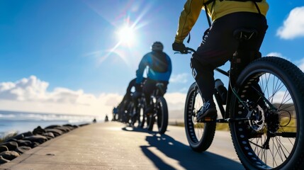 Obraz premium People riding fat-tire bikes along a scenic coastal pathway under a bright sunny sky in the afternoon