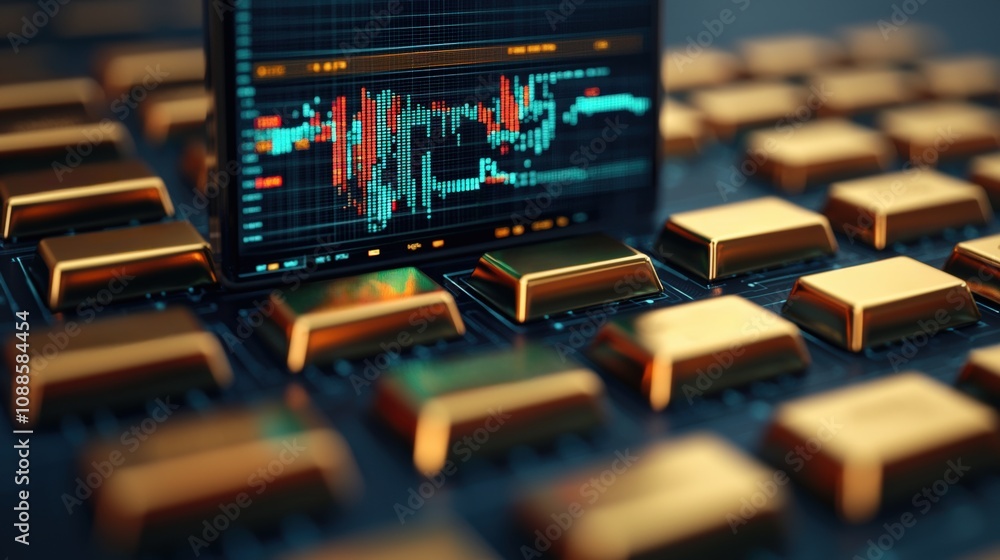 Poster gold price trends displayed on futuristic virtual screen with gold bars emphasizing digital analysis