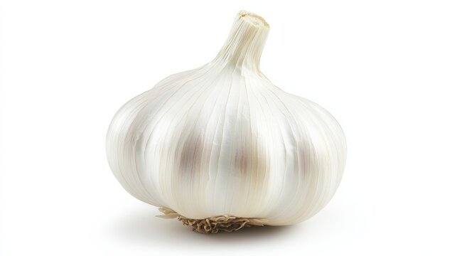 A single, whole garlic bulb with its papery white skin and tightly packed cloves, Each garlic&rsquo;s vibrant color and subtle imperfections captured with precision