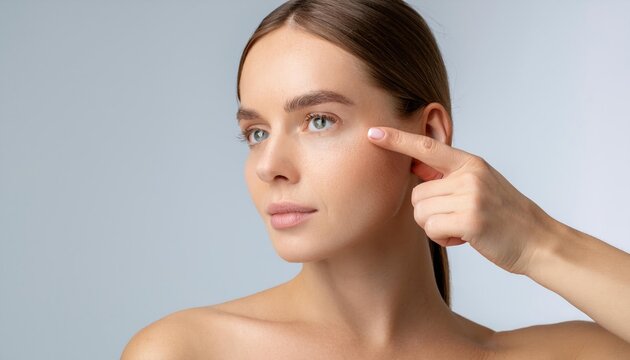  Closeup of young woman pointing to the wrinkles on the upper eyelid