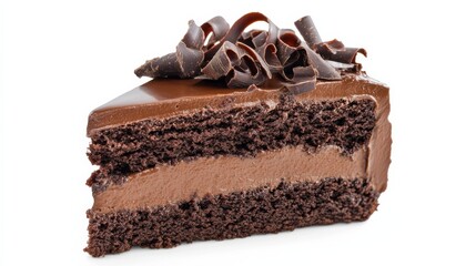A slice of decadent chocolate cake with layers of rich ganache and chocolate curls, Each luscious layer and glossy finish captured with precision