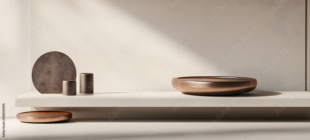 Poster 80. a smooth podium with a matte metallic finish, set against a neutral-toned background, creating a