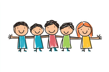 A cheerful illustration of children holding hands in a line, symbolizing teamwork, teambuilding, unity, and friendship in a playful and inclusive environment...