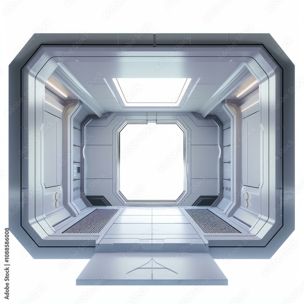 Poster futuristic empty spaceship corridor with big window leading to the unknown
