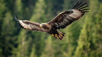 A bald eagle flies toward the camera through a forest with its wings spread wide.