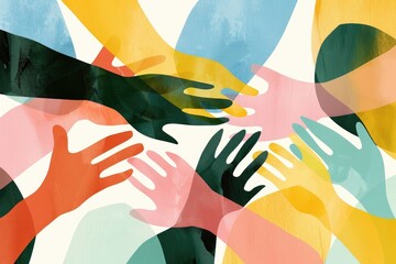 Colorful abstract illustration of hands reaching toward each other, symbolizing connection, teamwork, and collaboration in teambuilding...