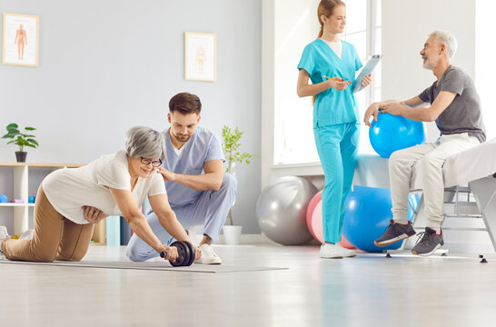 Senior people health care and rehabilitation group with physical therapist, nurse or sport instructor during medical session to help elderly in active aging, fitness adapted sport activity for older