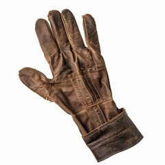 Old brown leather work glove open hand showing five fingers