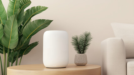 Modern interior design with a smart speaker and elegant plants on a wooden table. 3D illustration.
