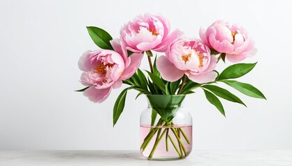 Elegant pink peonies in glass vase against minimalist background