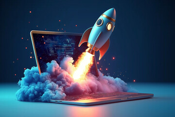 3D rocket launching from a laptop with glowing flames and clouds, symbolizing innovation, startups, and technological advancements
