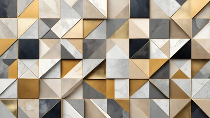 Fototapeta premium Geometric abstract pattern with gold, gray, and white triangular tiles creating a modern and luxurious textured design background 