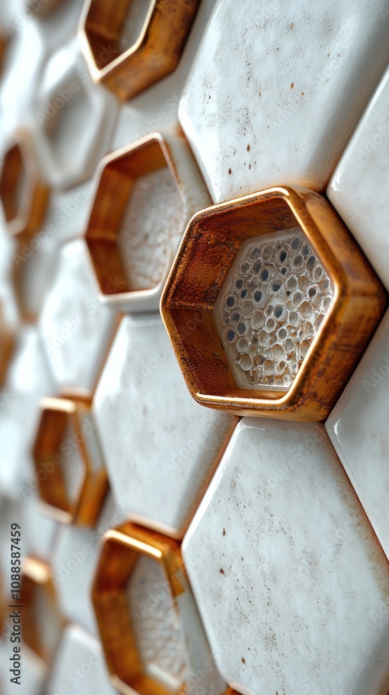 Poster close-up of hexagonal tiles with a glossy finish and metallic edges.