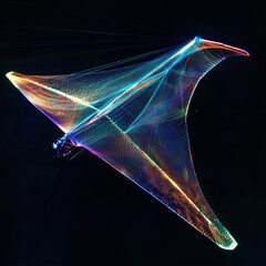 Hologram of a hang glider. Holographic projection of a hang glider with flickering energy flux of particles. Scientific design of the sport.




