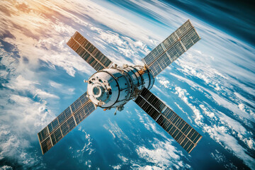 A satellite with large solar panels orbits above Earth, capturing a breathtaking view of the planet's atmosphere and the vastness of space around it.