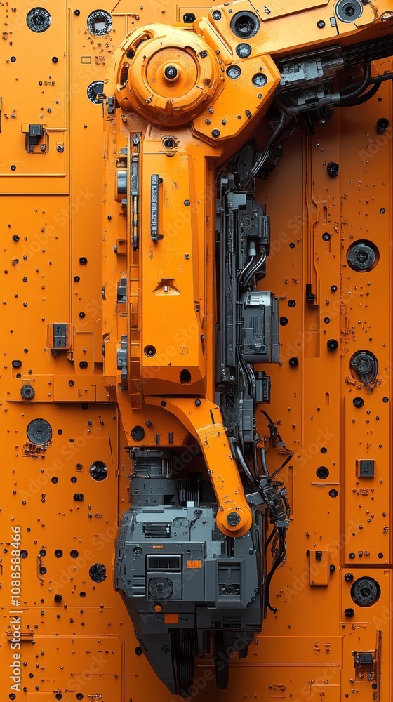 Poster close-up of an orange robotic arm with intricate mechanical details.