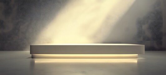 Obraz premium 84. A sleek podium with a glossy white surface, soft lighting illuminating the space for showcasing a product.