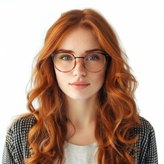 Fototapeta premium Beautiful redhead woman with freckles wearing glasses posing on white background