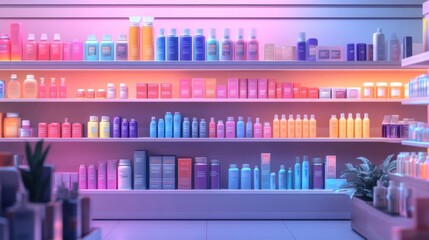 Fototapeta premium A variety of beauty and personal care products are neatly arranged on shelves illuminated by vibrant soft lights creating an inviting atmosphere