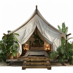 Luxurious glamping tent with tropical plants surrounding on a white background