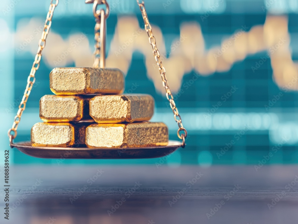 Poster gold ingots balancing on scale with market chart background: assessing investment risk