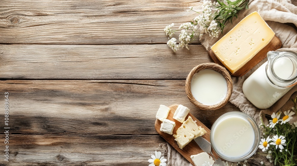 Aufkleber a rustic wooden table showcases an array of fresh dairy products such as milk, various cheeses, and 