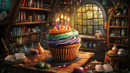 Fototapeta premium Whimsical Fantasy Cupcake with Colorful Candles