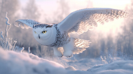 Śnieżna sowa, z białymi skrzydłami rozłożonymi szeroko, sunie tuż nad śnieżną ziemią, tworząc obraz harmonii i dzikiego piękna w chłodnej scenerii.