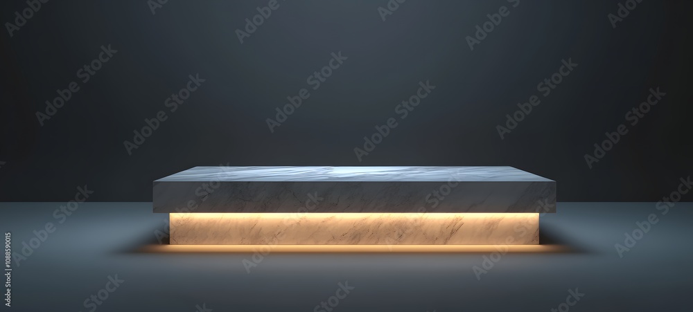 Poster 57. a rectangular podium with a marble top, soft lighting illuminating the space for a product to be