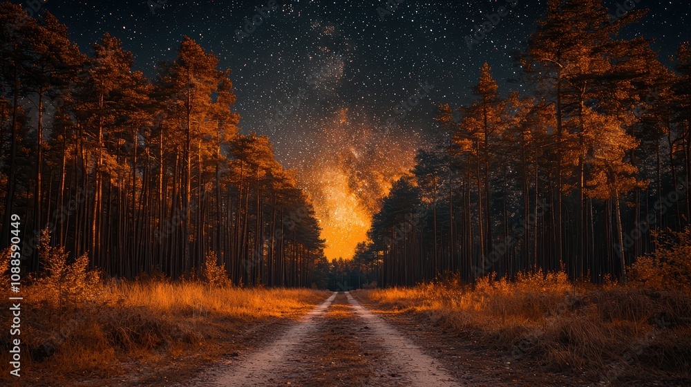 Poster a tranquil forest pathway under a starry sky, illuminated by warm orange hues, creating a serene and