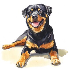 Fototapeta premium Watercolor Painting of a Happy Rottweiler Dog Lying Down. A vibrant illustration perfect for pet lovers, animal-themed projects, and more.