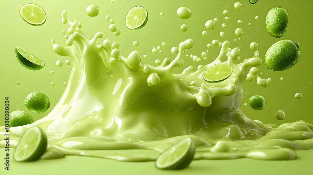 Poster lime juice splash with lime slices and juice droplets.