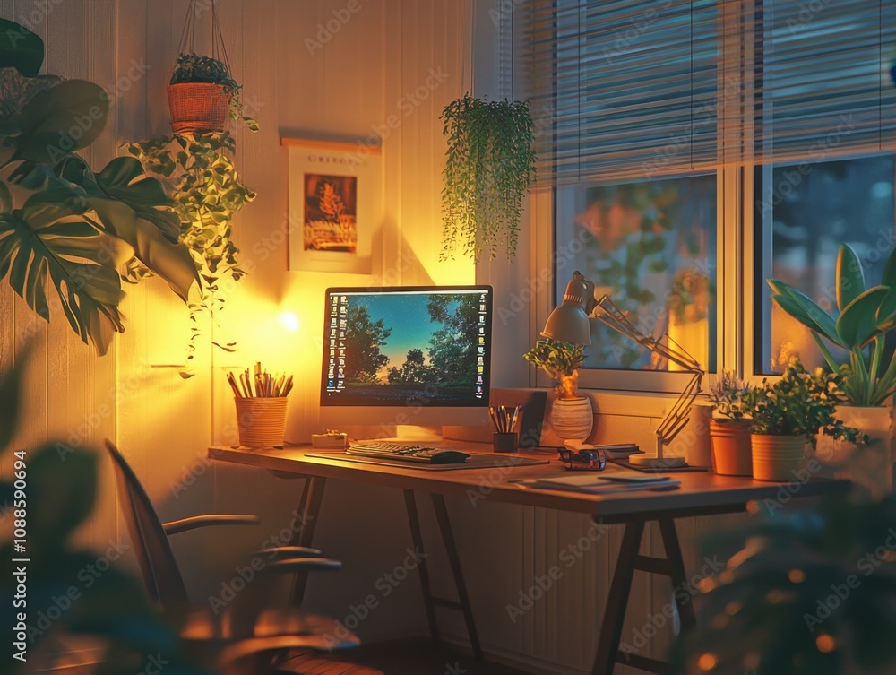 Wall mural a computer desk with a monitor and a lamp