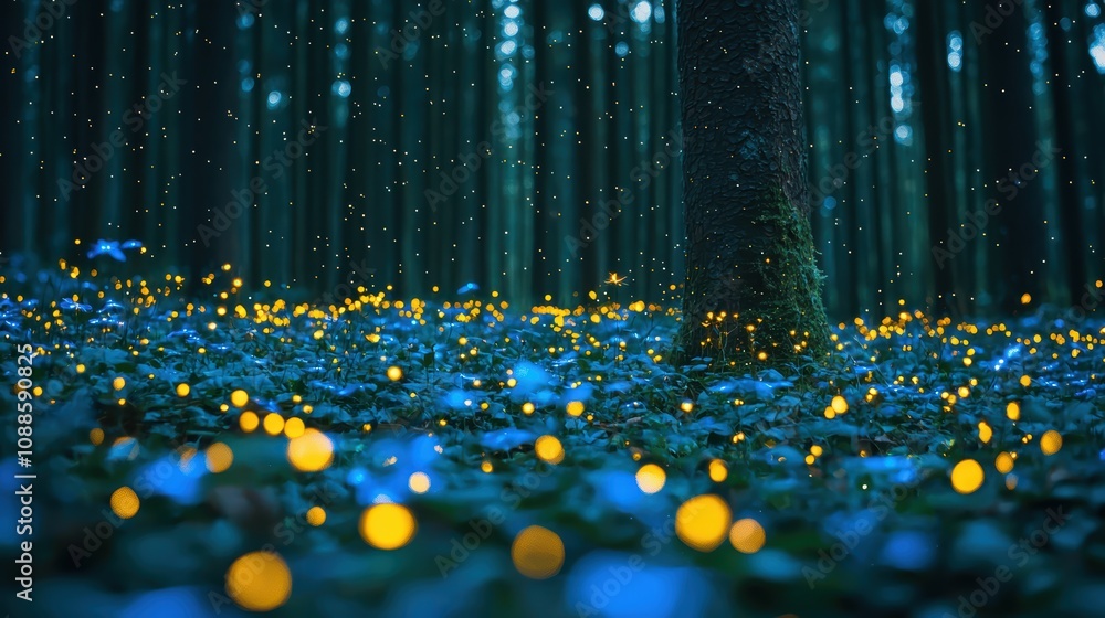 Poster a magical forest scene illuminated by glowing fireflies, creating a serene and enchanting atmosphere