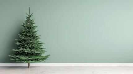 A Christmas tree against a green wall.
