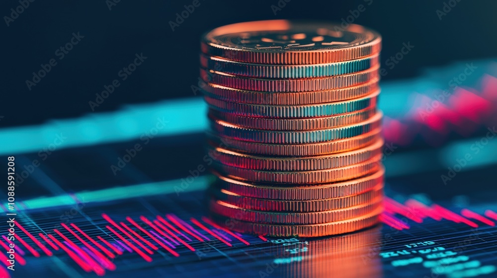 Poster stack of golden coins standing on financial chart symbolizing wealth and investment