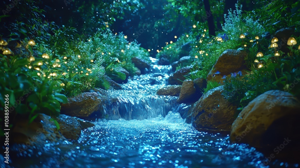 Poster a tranquil stream flows through a lush forest, illuminated by glowing flowers, creating a serene and