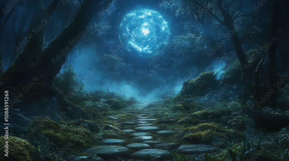 Poster a mystical forest path illuminated by a large, glowing moon, surrounded by dense trees and ethereal 