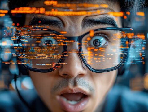 A data scientist staring at an errorridden script, stressed by complex data models and looming deadlines close up, tech workspace, realistic, Double exposure, code editor backdrop