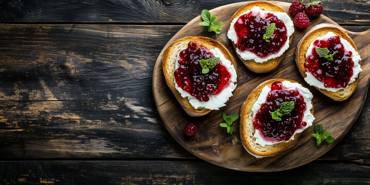 Tosty na śniadanie, ozdobione kozim serem i warstwą jagodowego dżemu, leżą na rustykalnym drewnianym tle.