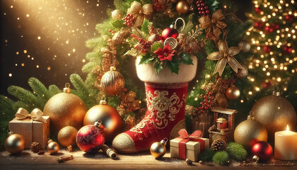 Soft sparkly Christmas background and elegant decorations and Christmas stockings