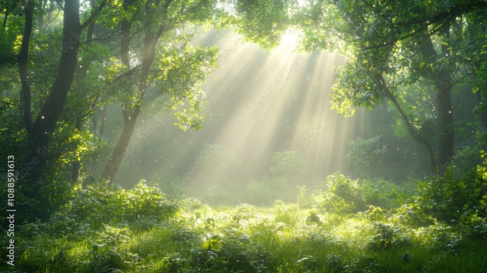 Poster a serene forest scene with sunlight streaming through the trees, creating a mystical atmosphere fill