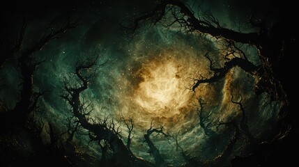 Obraz premium A dark, atmospheric scene featuring twisted branches encircling a glowing, mysterious light at the center, evoking a sense of intrigue and depth.